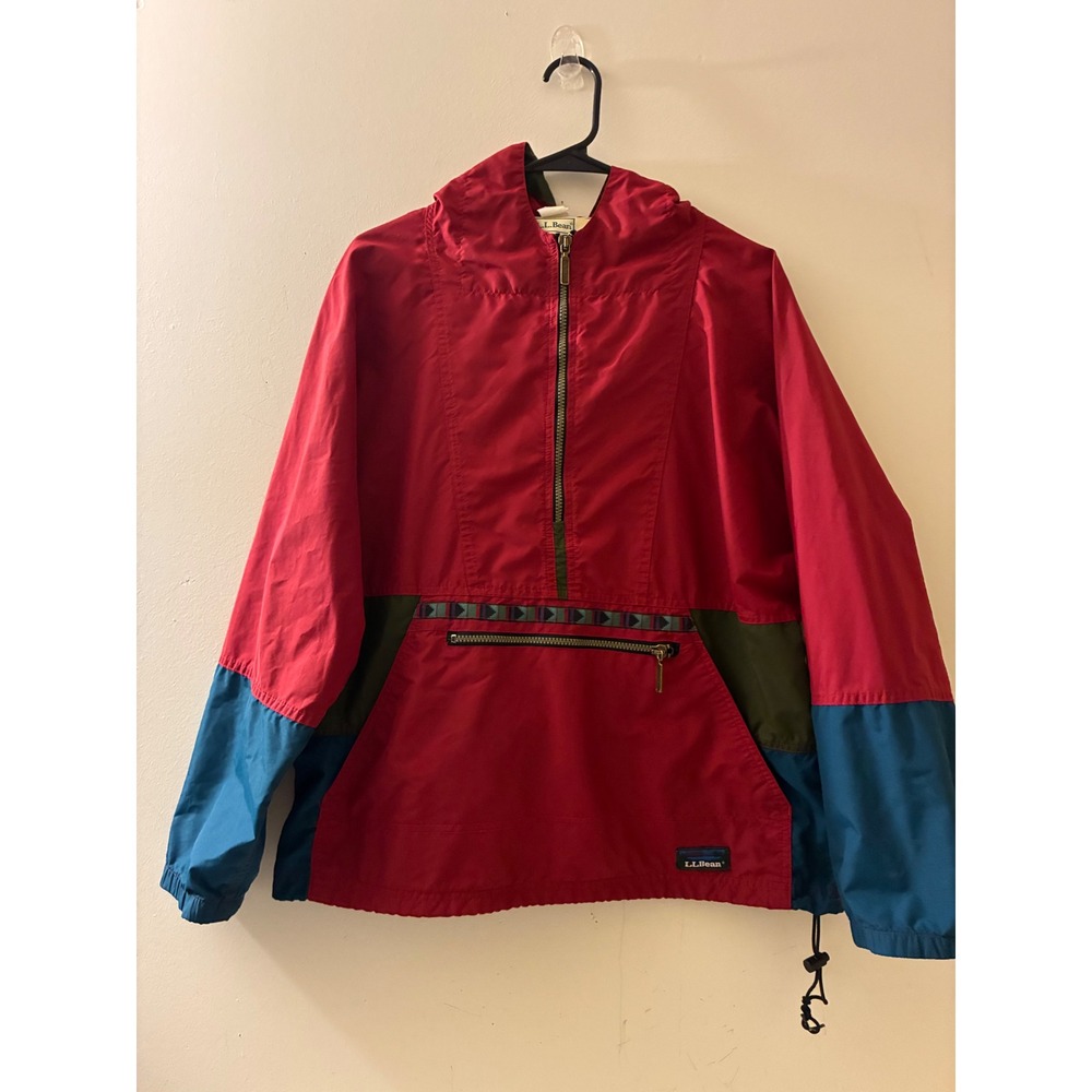 Vintage LL Bean Anorak Jacket Red Colorblock Half Zip Hooded Pullover Med/Large